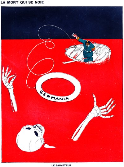 Kaiser Wilhelm Throwing a Lifebelt to Save Death from Drowning in a Sea of Blood, 13 April 1916 by Paul Iribe